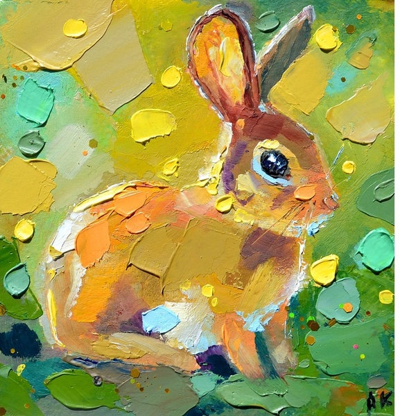 peinture de lièvre faite avec des peintures à l’huile, art original du lièvre, art des animaux, art mural de forêt de décor de lapin, art pâteux de cadeau de lièvre d’art