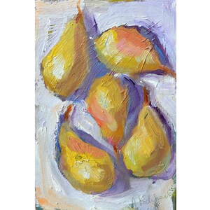 Cinco peras, arte de naturaleza muerta pintado en la cocina, pintura al óleo original, arte de nutrición saludable, arte botánico, decoración de peras amarillas para la cocina