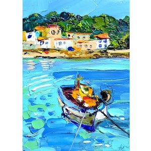 Seascape wall art original art, Cefalu italian beach houses, vacation art, summer oil painting Sicily sea decor boat painting sea art