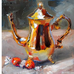 May include: A still life painting of a shiny gold teapot with a decorative handle and a lid. The teapot is sitting on a table with three red candies.