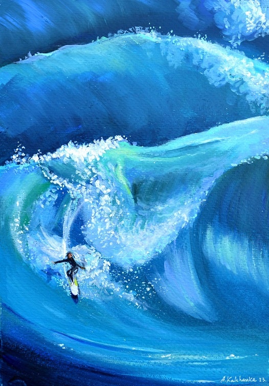 サーファー、海の波、波に乗る、サーフィンギフトオリジナル絵画、海の