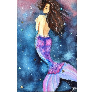 zeemeermin van de zee kleine zeemeermin illustratie voor meisje, mooi meisje in het water, diepe oceaan aquarel, lang haar meisje oceaan decor