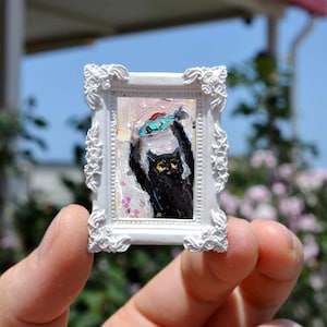 dipinto a olio originale di gatto, dipinto a olio originale di gatto bianco e nero. mini dipinto di gatto con cornice bianca, mini dipinto regalo per amanti degli animali domestici gatto