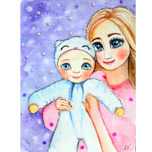 donna con bambino, mamma e figlio neonato, regalo carino per la nascita del bambino, festa della mamma, donna bionda, pittura invernale, arte da parete con neve, arte in miniatura