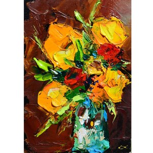 original oil painting of abstract flowes, flower wall decor yellow flower in vase,  modern art flowers abstract art floral, botany decor 3D