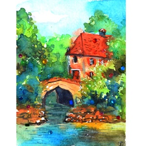 Arte rustica, fattoria, casa con tetto rosso, casa nel bosco, fiume con ponte, paesaggio boschivo, arredamento ad acquerello arte rustica