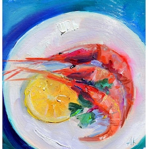 Gambas rojas con limón y perejil, gambas en plato blanco, arte culinario, arte mural de mariscos, arte de aceite de gambas rojas, decoración de restaurante mediterráneo