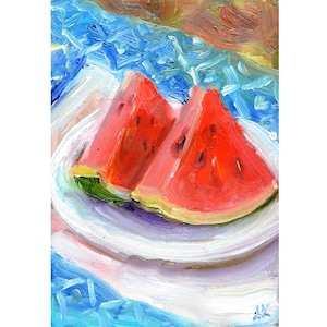 pintura al óleo del arte de la sandía pintura al óleo original arte de la decoración de la sandía decoración de la cocina arte de la pared pintura al óleo de la comida colorida arte de la fruta de la sandía