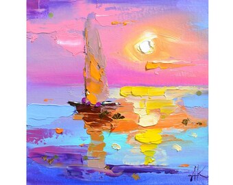 May include: A painting depicting a sailboat on a body of water with a vibrant orange and yellow sunset in the background. The sky is a blend of pink, purple, and blue. The water is a mixture of blue, green, and purple.