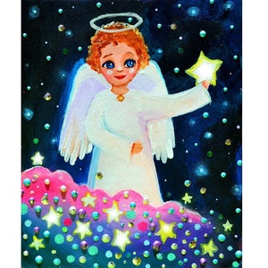 baby angel with star, guardian angel, collect the stars, starry sky, naive art First Communion gift angel wall art