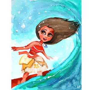 ir a surfear arte moana, pintura de acuarela del océano, decoración de vaiana, arte de la pared del océano, regalo del mar de decoración del océano, pintura de princesa de dibujos animados