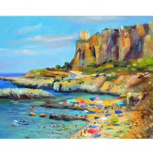 sicily art italy beach, italian landscape, macari torre sul mare, rocky beach transparent sea, painting on canvas, oil art original painting