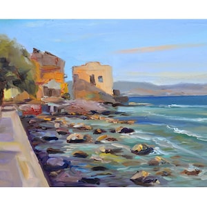 city on the sea, Italian village Marzamemi houses on the beach, seascape of the Italian coast, Sicily art oil painted on canvas modern decor