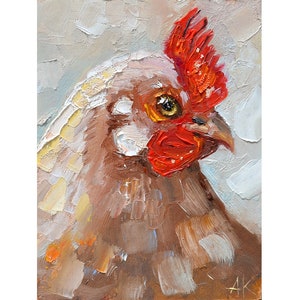 white hen, country hen art, pets wall art, farm art, country decor, hen laying eggs, cock and hen bird lovers oil painting original art 3D