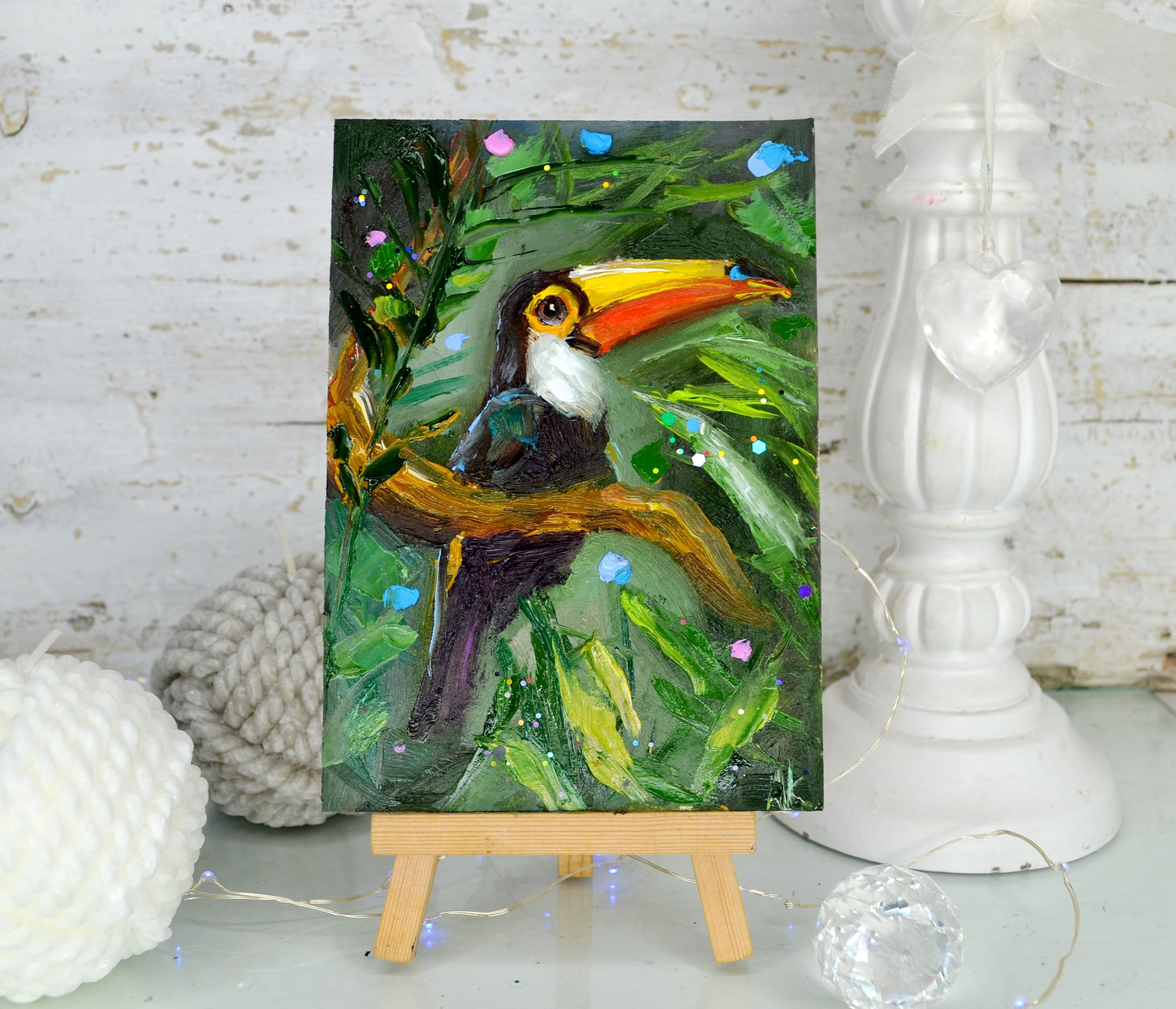 オオハシの絵画、鳥の装飾オオハシオリジナルの鳥のアートワークミニ オオハシの絵画、鳥の装飾オオハシオリジナルの鳥のアートワークミニ
