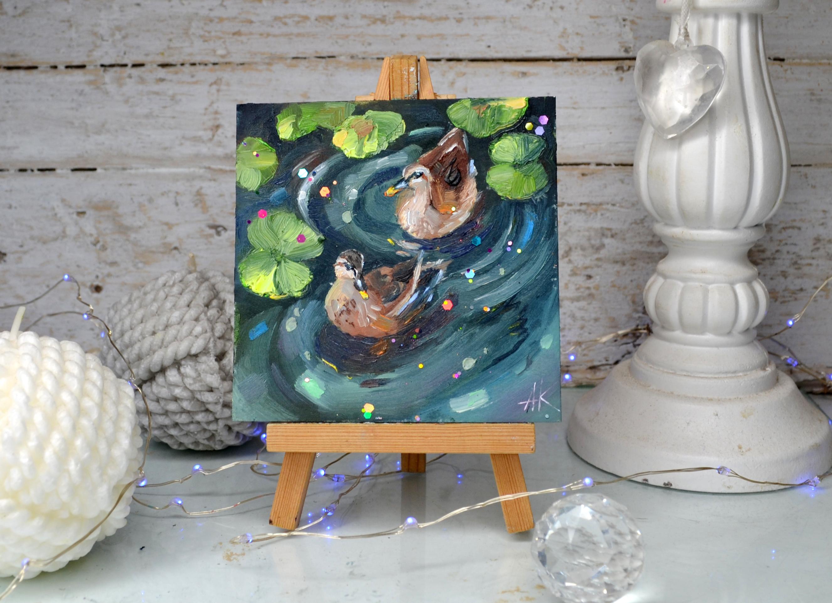 池のアヒル、水中の2羽のアヒル、鳥の油絵、アヒルの装飾、アヒルの壁