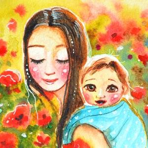arte originale babywearing fantasy art mamma e figlia, piccola bambina con la madre, baby art maternità illustrazione baby room acquerello