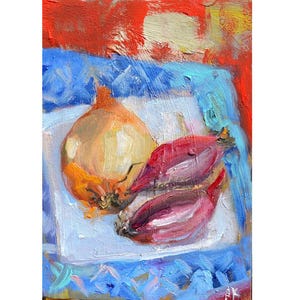 Bodegón de cebolla, arte de cebolla roja y blanca, bodegón de verduras, arte al óleo