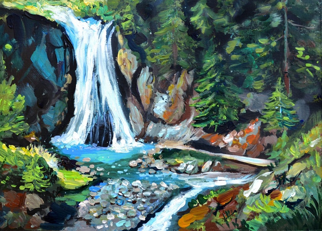Original Art Waterfall Landscape Art, Twin Peaks Waterfalls, Clear