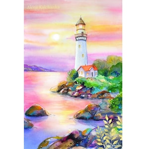 faro arte mare acquerello opere d'arte costiera, mare acquerello arte originale, decorazione murale nautica tramonto arte mare arredamento spiaggia faro