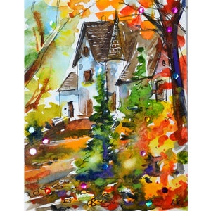 Casa nel bosco, foresta incantata, autunno nel bosco foglie gialle, arredamento foresta, paesaggio, pianeta verde, albero, campagna, arte da parete autunnale