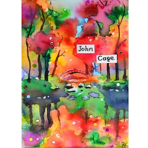 John Cage. peinture aquarelle originale, mini art forêt enchantée, art automne bois rouge et jaune décoration d'arbre aquarelle phrases célèbres art