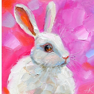 white rabbit art Hare painting, original hare art, hare with pink, nature decor flora and fauna art, woodland animals wall art rabbit