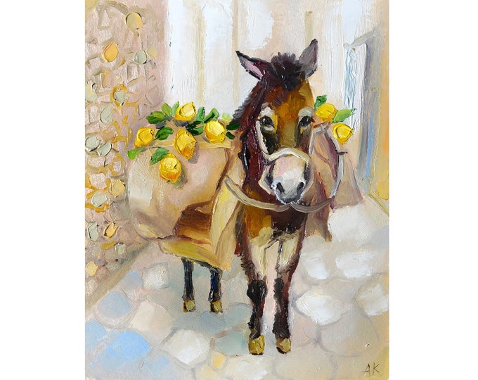 Donkey With Load of Lemons, Oil Painting Donkey, Original Pets Art