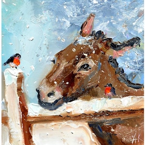 custom donkey winter, donkey art original painting, animals art, farm animals, art donkey lover gift, art donkey with robins