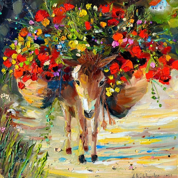 custom donkey with baskets of flowers, donkey art original painting, animals art, farm animals, art donkey lover gift, art upon request