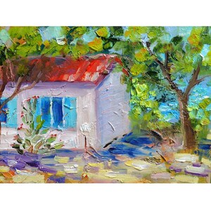 Casa en el campo, pintura al óleo original, paisaje rural, casa rodeada de naturaleza, arte del jardín del hogar
