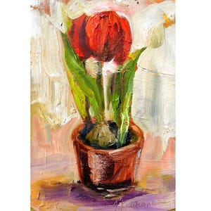 Decoración de flores de tulipanes rojos, arte de flores original, decoración de flores, pintura de flores, bodegón, arte de pared colorido