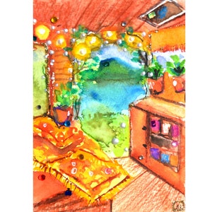 arredamento camper, casa su ruote, vista dal camper sulla natura acquerello che viaggia in auto, arredamento camper falò acquerello arte camper