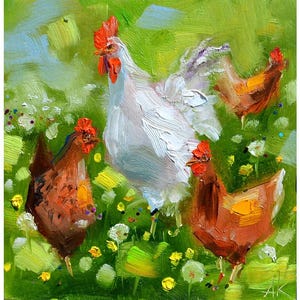 chickens art, rooster wall art, chickens on the grass wall art, countryside art, farm animals, birds art