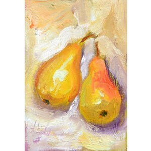 Dos peras, naturaleza muerta, arte pintado, cocina, pintura al óleo original, comida, nutrición saludable, arte botánico, cocina, peras amarillas, decoración