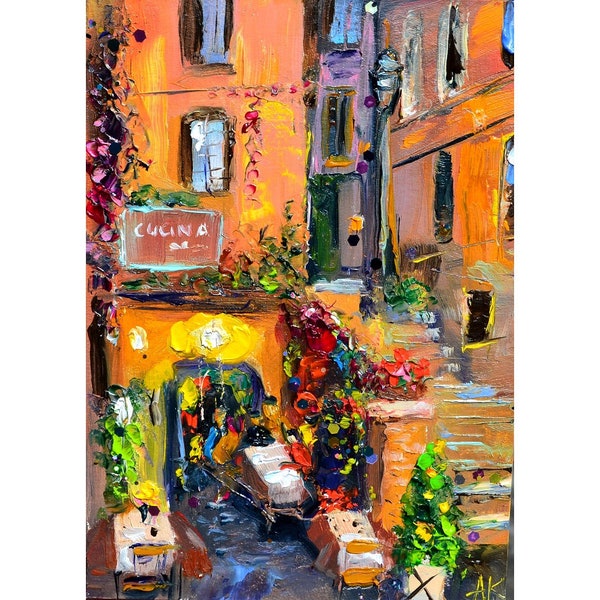 Outdoor Dining: Italian Restaurant on a Picturesque Lane Painting Narrow Street, Charming Restaurant, Tourist Atmosphere, Restaurant Tables
