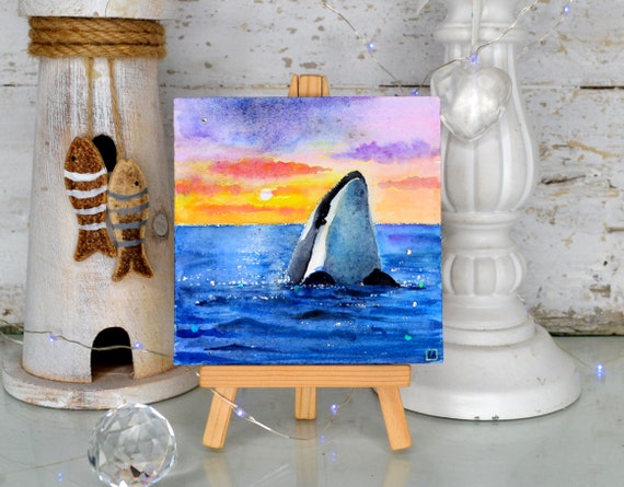 クジラの水彩画、シャチのオリジナル水彩画、海の装飾のクジラ