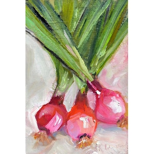 cebolla roja, manojo de cebolletas, arte culinario, arte mural vegetal, cuadro decorativo de cocina, cebolla verde, puerros, decoración de verduras