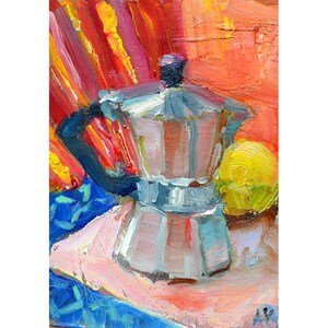 Arte de café espresso, cafetera italiana pintada a mano, pintura al óleo original, arte de nutrición saludable, arte de decoración de café, cocina, espresso
