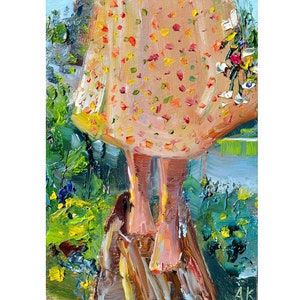 Mujer con vestido floreado. Pintura original sobre cartón, colores al óleo. 4x6 pulgadas, arte moderno, bella mujer.