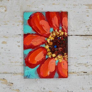 Mini cuadro de flores de 3,5 x 2 pulgadas, arte original, cuadro de flores rosas, arte impresionista moderno, flores vibrantes y arte original