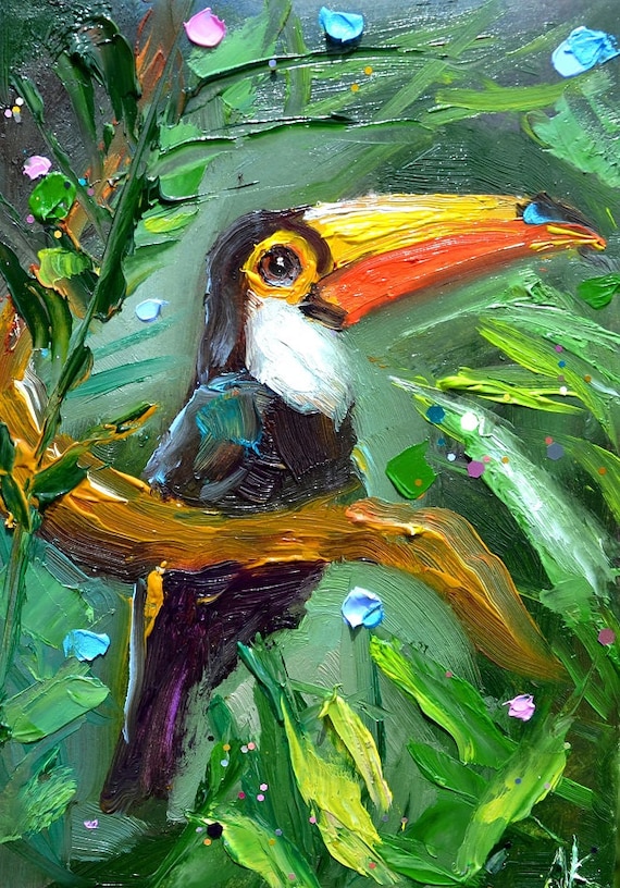 オオハシの絵画、鳥の装飾オオハシオリジナルの鳥のアートワークミニ