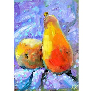 Dos peras, bodegón, arte pintado, cocina, pintura al óleo original, comida, nutrición saludable, arte, arte botánico, cocina