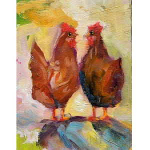 Pintura de dos pollos, arte al óleo original, decoración de pollos, arte moderno, pollo