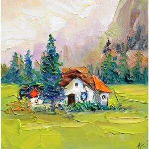 casa aislada en la montaña paisaje original de arte al óleo con antigua casa de campo en el campo, casa en el bosque, arte de la naturaleza, arte dolomitas
