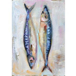 Arte de pescado caballa, decoración de cocina, decoración de restaurante, decoración de mariscos, arte original, pintura al óleo, mariscos, pescado, cocina, decoración del mar, arte al óleo caballa