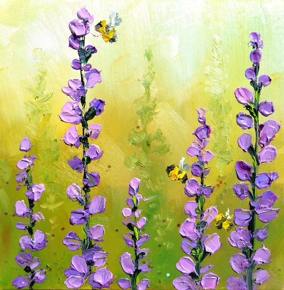 Purple Flowers and Bees Art Colorful Flowers, Garden With Flowers