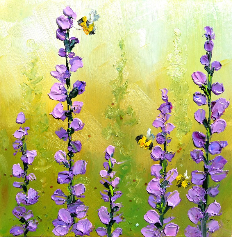 Purple Flowers and Bees Art Colorful Flowers, Garden With Flowers