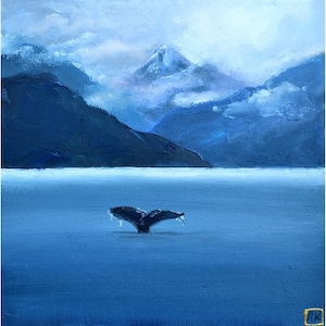 orca oil art whale tail whale original painting, killer whale decor, whale  wall art, landscape with orca, ocean sunset, norway sea art