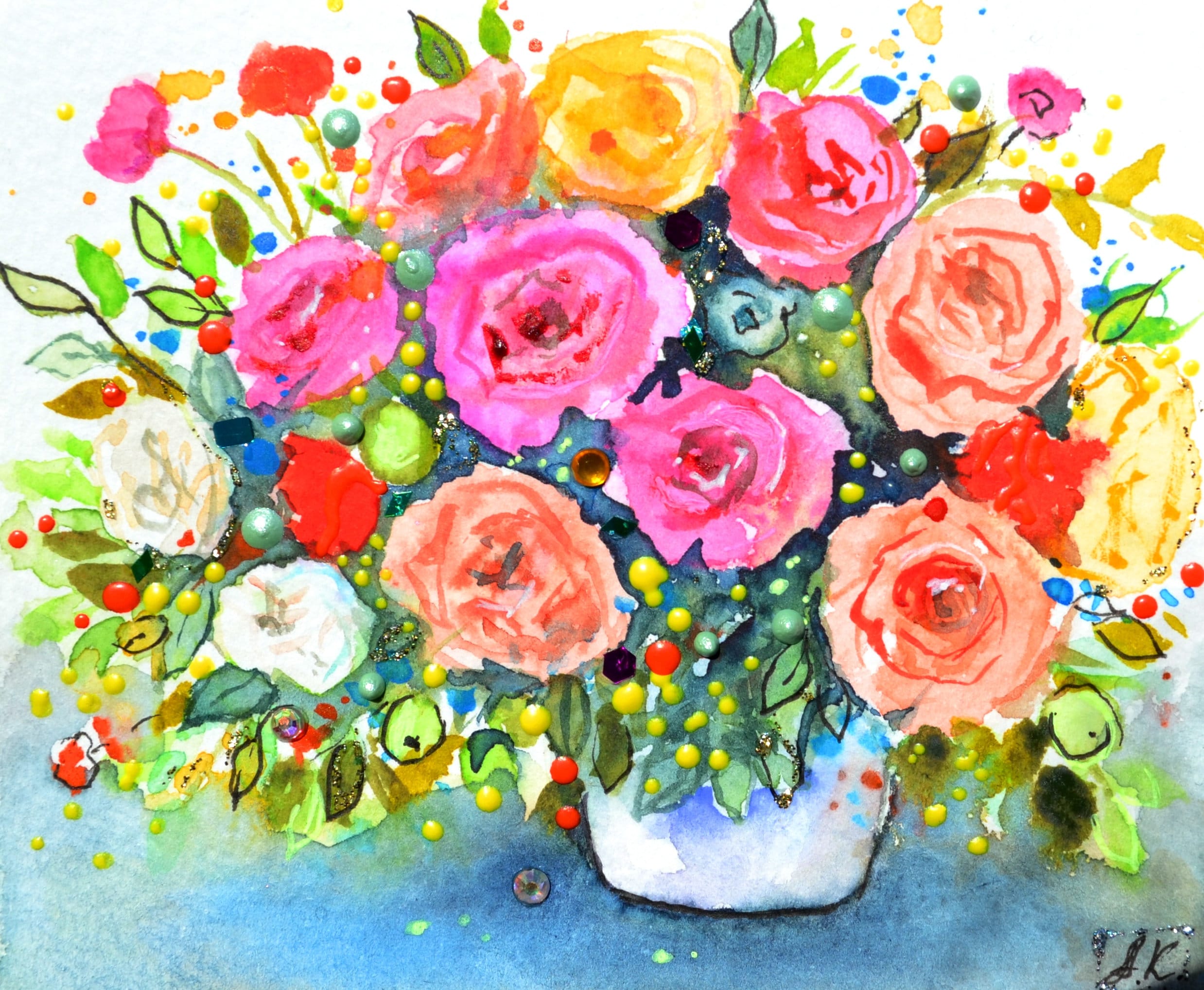 オリジナルの水彩画の花束、花瓶、花のイラスト、ミックス